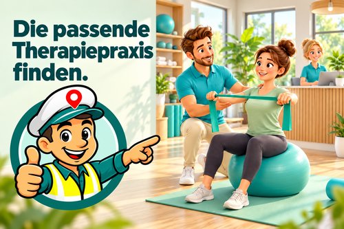 Mein Physio-Lotse: die passende Therapiepraxis finden – mit Lotse und Physiotherapie-Praxismotiv