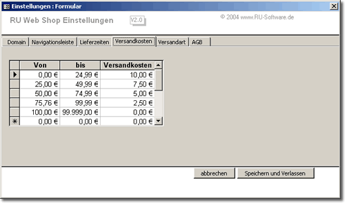 WebShop Versandkosten