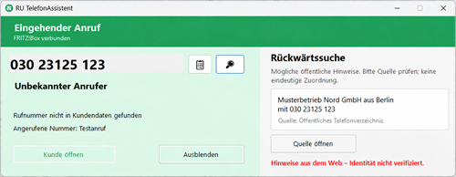 RU TelefonAssistent mit aufgeklappter Rückwärtssuche für eine unbekannte Rufnummer