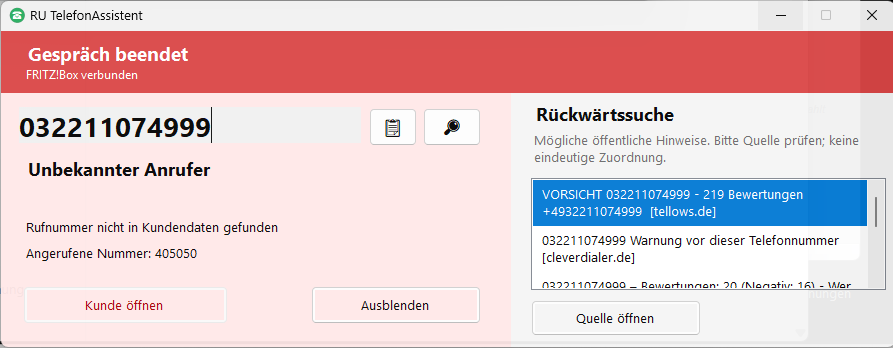 RU TelefonAssistent mit hervorgehobenem öffentlichen Warnhinweis zu einer unbekannten Rufnummer