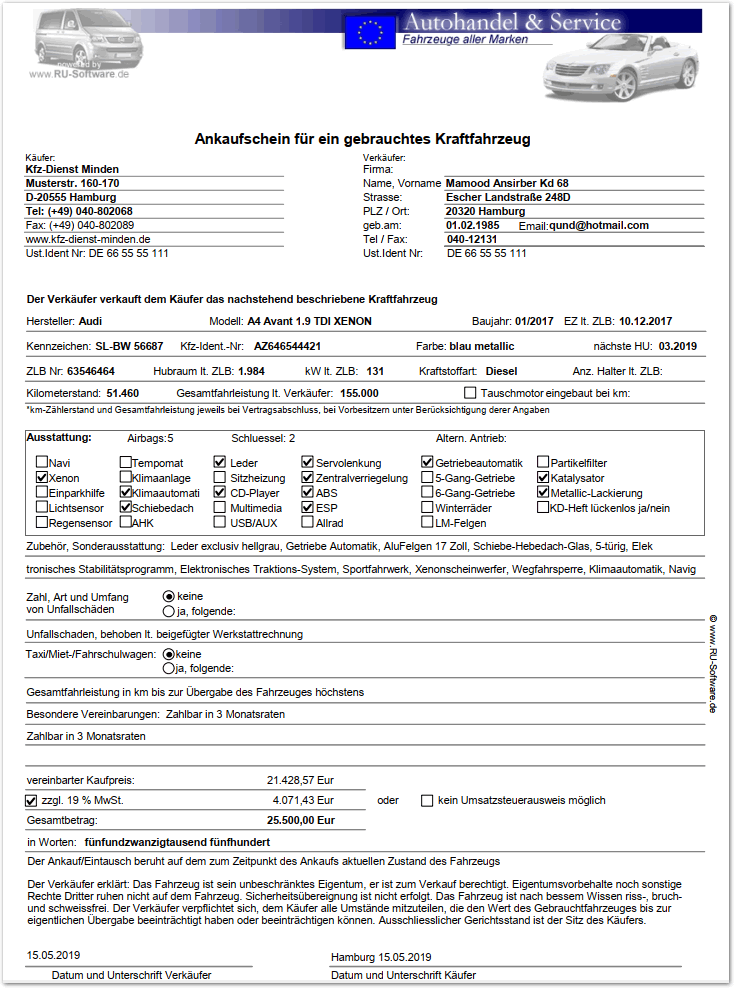 Kfz Kaufvertrag Software Gewerblich Autohandler Autohandel