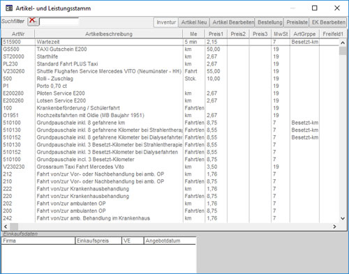 Artikelverwaltung Taxiunternehmen Taxibranche Programm