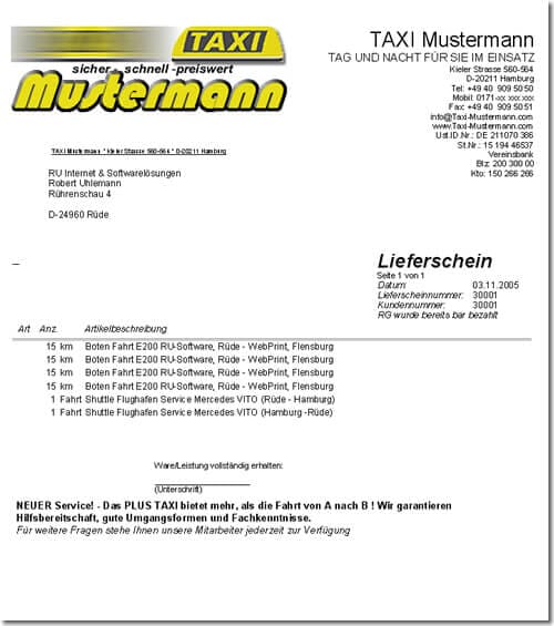 Musterlieferschein Taxiunternehmen Taxibranche-Software