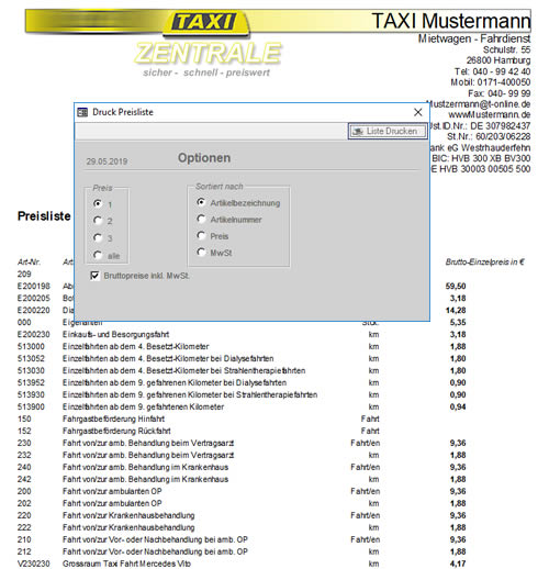 Musterrechnung Software TAXI, Miet- und Funkwagenbetriebe