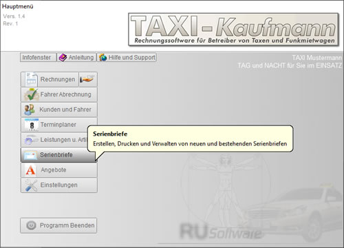 Taxi Software Hauptmenue